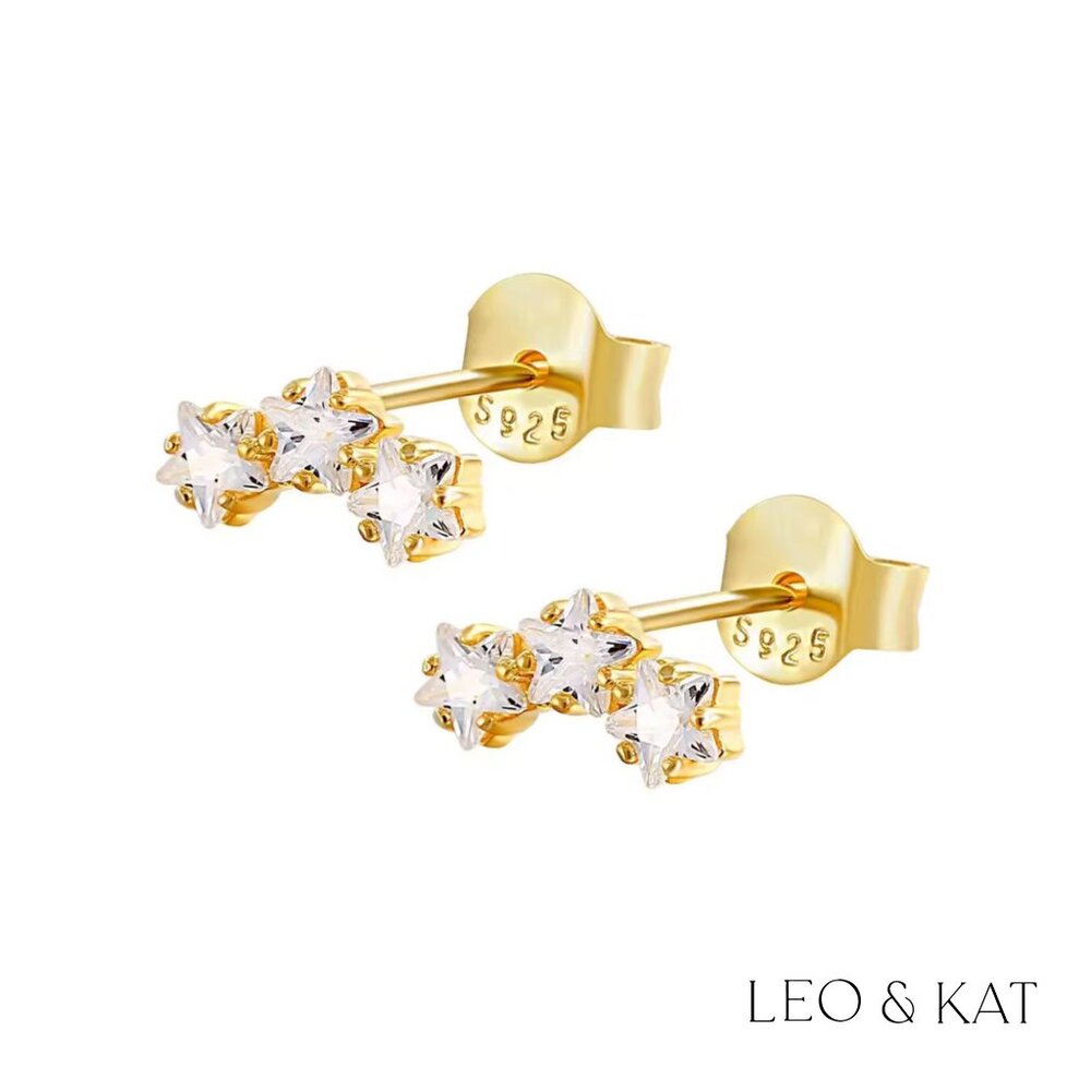 Tri Zircon Stars Gold Stud Earrings. 925 Sterling Silver. #1034